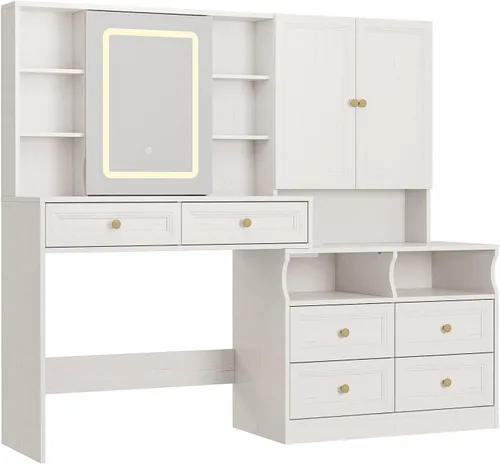 Miniatura 9 de Halitaa Escritorio grande de tocador de 58.6 pulgadas con espejo iluminado deslizante, mesa de tocador de maquillaje blanca y mesita de noche Combo