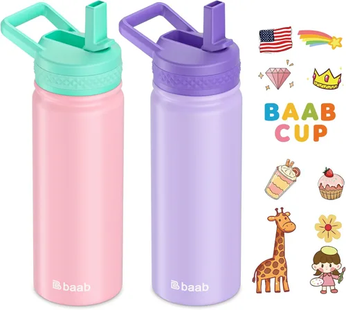 Miniatura 9 de baab Botella de agua para niños de 18 onzas, botella de agua aislada con popote y calcomanías, taza con popote de agua para niños de acero