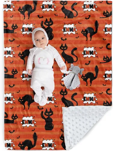 Miniatura 9 de Manta de Halloween personalizada, diseños de dibujos animados con nombre personalizable, manta de franela de felpa suave con respaldo punteado