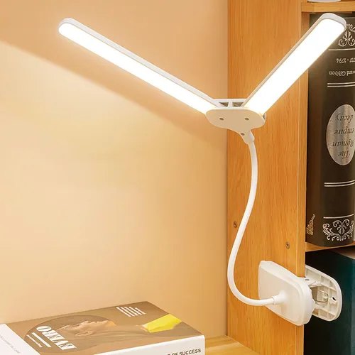 Lámpara de escritorio LED de doble cabeza con abrazadera, luces de clip para oficina en casa, lámparas de mesa recargables de 4000 mAh, 3 modos de