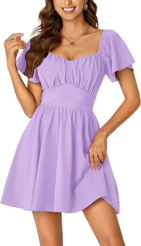 Miniatura 7 de Rooscier Minivestido acampanado de manga corta con volantes, cuello cuadrado, envolvente y espalda anudada para mujer