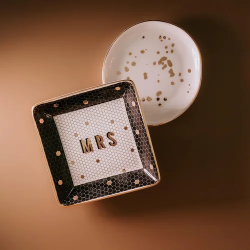 Miniatura 6 de Plato de joyería moteado de oro blanco Bandeja circular de cerámica para decoración del hogar, regalo de boda para ella, organizador de escritorio