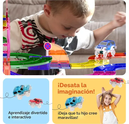 Miniatura 3 de PicassoTiles Juego de construcción de pista de carreras de 100 piezas magnéticas con coches LED, carreteras ajustables y señales, kit de juguete
