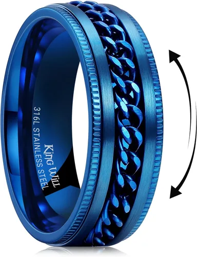 Miniatura 35 de King Will - Anillo antiestrés de acero inoxidable 316L para hombres y mujeres, con cadena decorativa giratoria, 8 mm de ancho, anillo de boda
