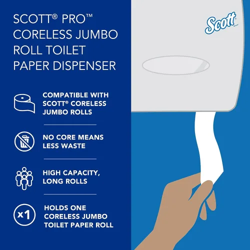 Miniatura 10 de Dispensador de papel higiénico Scott Professional Pro Coreless Jumbo Roll (09601), de acero inoxidable, con muñón, 14.25"x9.75"x6.00" (Cantidad 1)