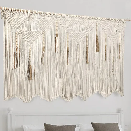 Tapiz de macramé extragrande para colgar en la pared de 70.8 x 39 pulgadas, decoración tejida de algodón con borlas, color beige, elegante, bohemio,