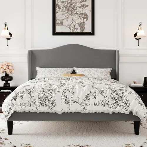 Miniatura 11 de SHA CERLIN Marco de cama de plataforma de terciopelo de tamaño completo con elegante cabecero con respaldo alado, diseño moderno y lujoso, listones
