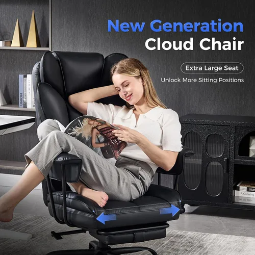 Miniatura 5 de Silla de oficina grande y alta, silla de juegos de cuero con respaldo alto y reposapiés, soporte lumbar, reposabrazos suaves fijos hacia afuera