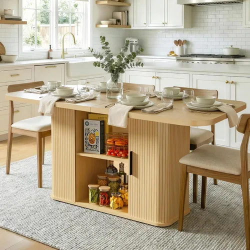 SUNCOZE Mesas de comedor Mid-Centur para mesa de comedor rectangular de 4/6/8, 70.9 pulgadas con mesa grande y puertas correderas de tambor, mesa de