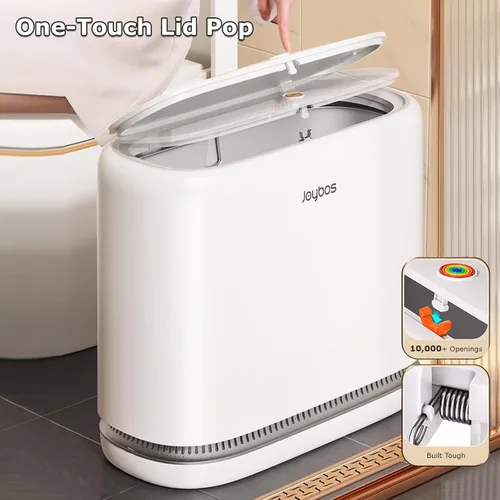 Miniatura 7 de O-MART Basurero de baño con tapa, delgado de 3.2 galones, cesta de basura superior de prensa estrecha para control de olores y a prueba de perros