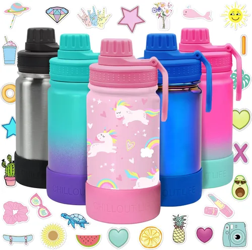 Miniatura 28 de CHILLOUT LIFE Botella de agua aislada para niños de 12 onzas para la escuela con tapa de boquilla a prueba de fugas y bonitas calcomanías Azul