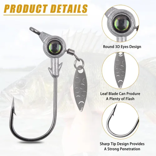 Miniatura 2 de Juego de cabezas de plantilla de pesca, 15/20 piezas de anzuelos de cabeza de plantilla de pesca Underspin jig Heads Jig Hook Lure con cabeza