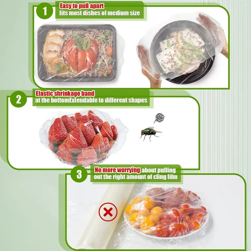Miniatura 4 de Fumete 500 fundas elásticas reutilizables para almacenamiento de alimentos y 5 bolsas con cordón, transparente, blanco, material de polietileno