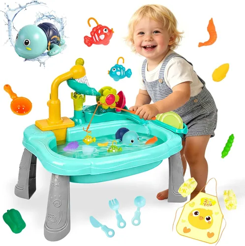 STBEIMEIMY Fregadero de Juego para Niños con Agua Corriente, Mesa de Agua Mini, Juguetes de Agua, Grifo Mejorado y Platos de Juego, Juguete de