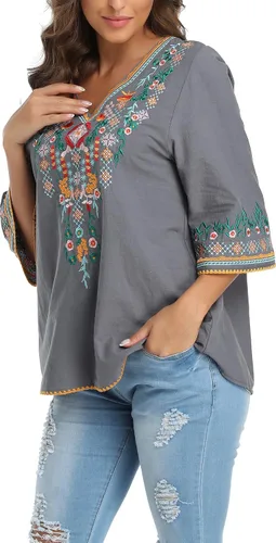 Miniatura 5 de YZXDORWJ Blusa campesina mexicana bordada con cuello en V para mujer