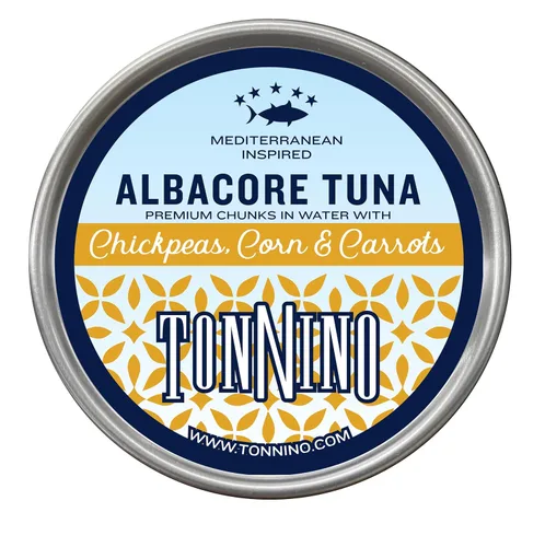 Tonnino Atún Albacora - Trozos premium en agua con garbanzos, maíz y zanahorias - Paquete de 12 - Alternativa al salmón - Snacks proteicos - Comidas