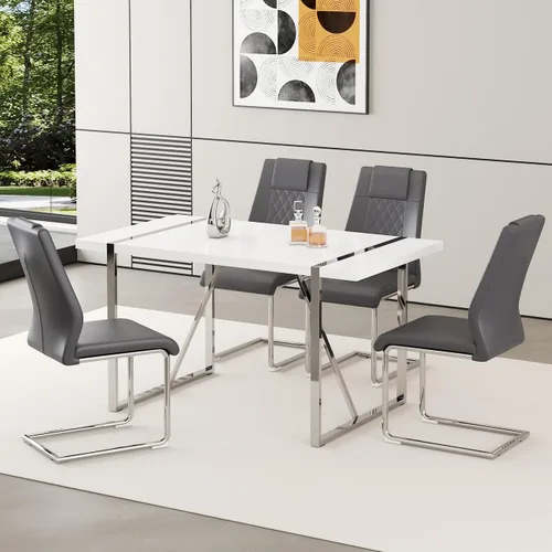 Miniatura 9 de Juego de mesa de comedor moderna de 55 pulgadas para 4, mesa de comedor negra y marco de metal dorado, mesa de comedor rectangular con 4 sillas