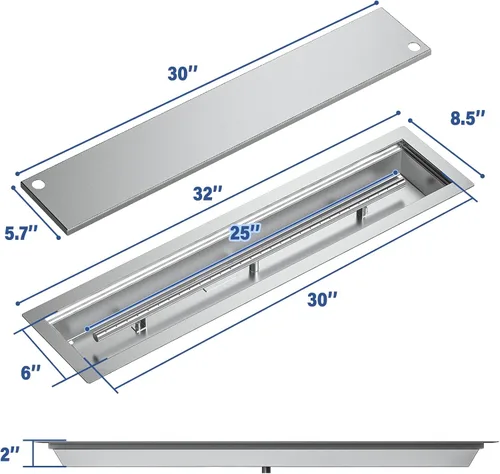 Miniatura 2 de Skyflame Kit de sartén lineal de acero inoxidable para hogueras y protector contra viento de vidrio para hogueras de 36 x 11.5 pulgadas