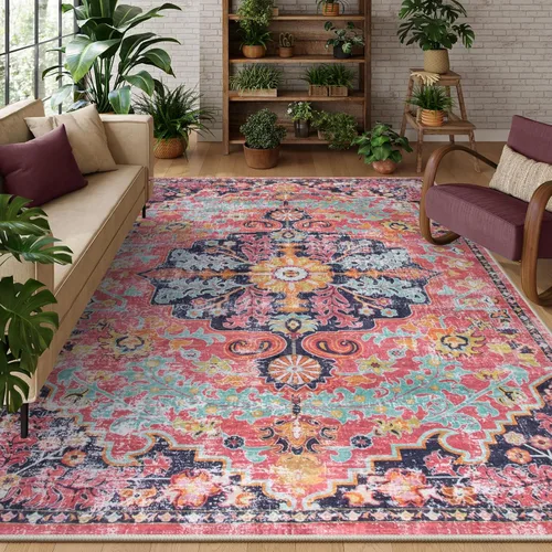 Miniatura 42 de Lahome Alfombra bohemia con medallón floral, 4 x 6 pies, color verde azulado, suave, lavable, antideslizante, apta para mascotas, alfombra
