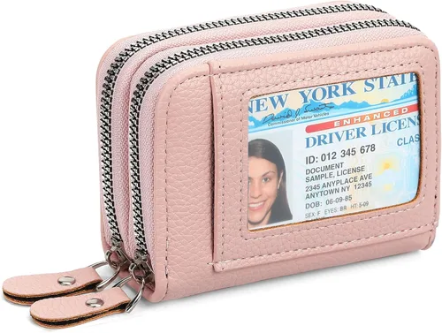 Miniatura 12 de RNIEGA Cartera pequeña de piel con bloqueo RFID para tarjetas de crédito, cartera pequeña para mujer, doble cremallera con ventana de identificación