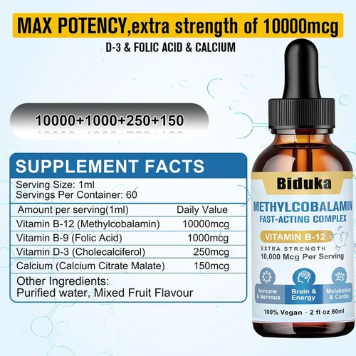 Miniatura 3 de Gotas líquidas de vitamina B12 sublinguales de 10,000 mcg, fórmula única con D3, B9 (ácido fólico), calcio, energía de apoyo, corazón, estado