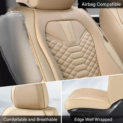 Miniatura 3 de Coverado Fundas de asiento delantero, 2 piezas de fundas de asiento universales para automóviles, de piel de napa transpirable, impermeable, Beige