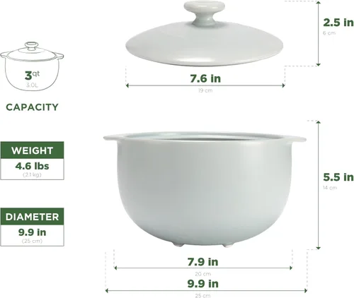 Miniatura 7 de Minh Long 2.99 litros Olla de arcilla de porcelana para cocinar, cacerola con tapa, ollas de arcilla para cocinar, hornos holandeses para guisos