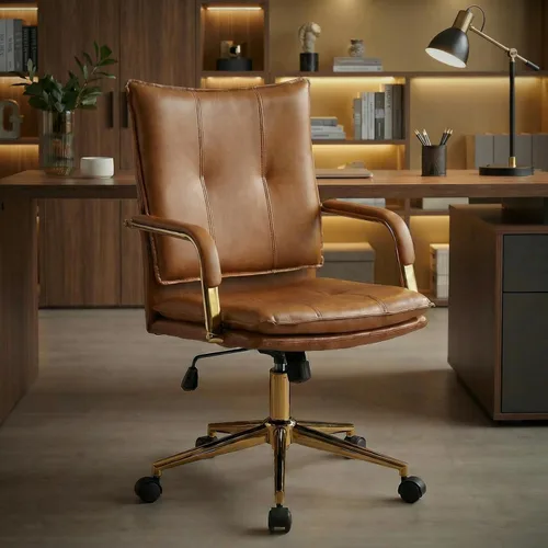 MOJAY Silla de oficina, silla de escritorio de cuero, silla de escritorio marrón, silla de oficina moderna de mediados de siglo, silla giratoria