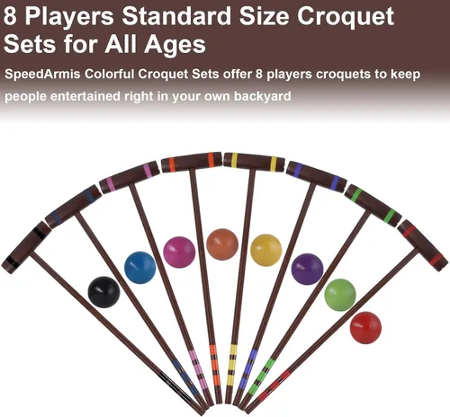 Miniatura 6 de SpeedArmis Juego de fiesta de croquet de 28 pulgadas para 8 jugadores, hecho de madera de pino de larga duración, diversión familiar para patios