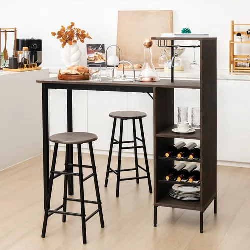 Miniatura 8 de GOFLAME Juego de mesa de bar para 2, juego de mesa de comedor de altura de mostrador con estantes, portavasos y estante para vino, juego de mesa