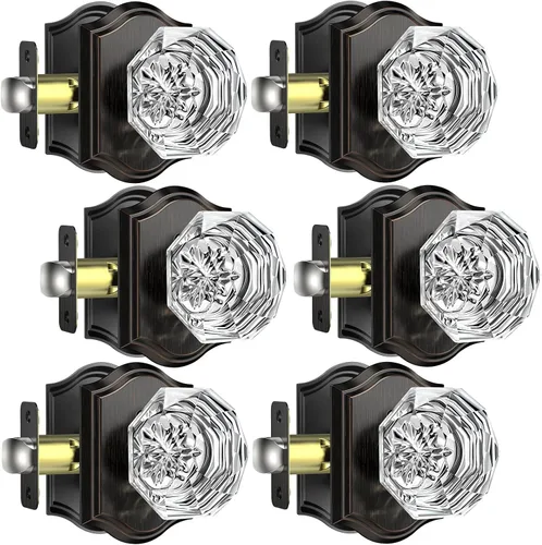 Miniatura 20 de Pomos de puerta de cristal para interiores, pomos de puerta de cristal de latón envejecido con cerradura para uso de privacidad, pomos de puerta