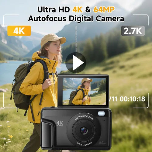 Miniatura 2 de Cámara digital 4K para fotografía y videoblogs de 64 megapíxeles para YouTube con pantalla giratoria de 3" 180°, cámara compacta de viaje