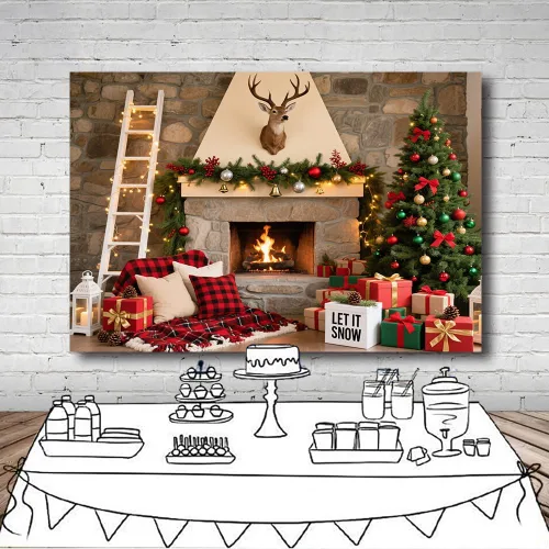 Miniatura 5 de Fondo de chimenea de Navidad de 7 x 5 pies, hogar rústico con guirnalda de fondo para decoración de fiestas temáticas de Navidad, vinilo 5-Consulta