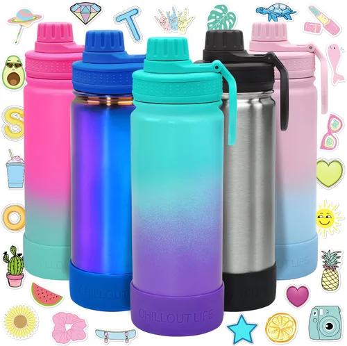 Miniatura 15 de CHILLOUT LIFE Botella de agua aislada para niños de 12 onzas para la escuela con tapa de boquilla a prueba de fugas y bonitas calcomanías Azul
