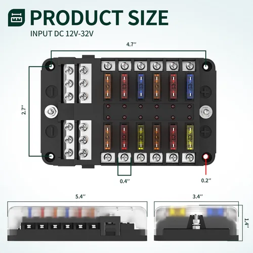 Miniatura 2 de DaierTek Bloque de fusibles de 12 vías, bloque de fusibles de hoja de 12 voltios con indicador LED, caja de fusibles de 12 circuitos 12V, panel