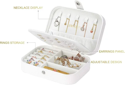 Miniatura 5 de Smileshe Joyero, estuche de viaje portátil de piel sintética, organizador de 2 capas, caja de almacenamiento para anillos, aretes, collares, pulseras