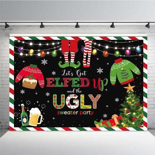 MEHOFOND Telón de fondo de Feliz Navidad de 7 x 5 pies con texto en inglés "Let's Get Elfed up and The Ugly Sweater Party Fotografía", rojo y verde,