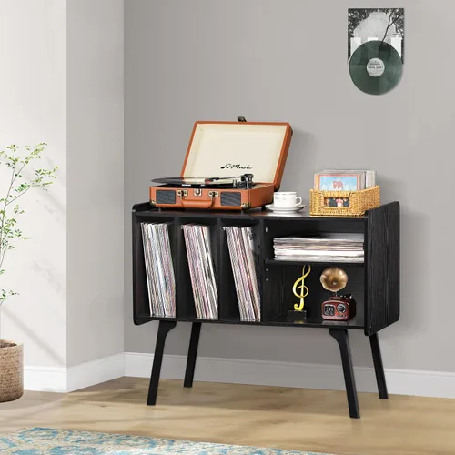 Miniatura 8 de Lerliuo Soporte para tocadiscos con 4 gabinetes con capacidad para hasta 220 álbumes, soporte giratorio grande negro con patas de madera de haya
