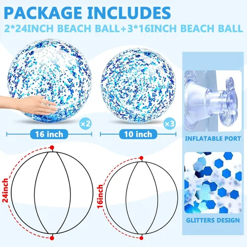 Miniatura 3 de Paquete de 5 bolas de playa de lentejuelas de 16 pulgadas y 24 pulgadas, inflables, confeti con purpurina, pelota de playa transparente, juguete