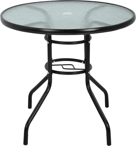 Mesa de 32 pulgadas para exteriores, mesa de comedor de patio con agujero para sombrilla, mesa redonda de vidrio templado para jardín, bistró,