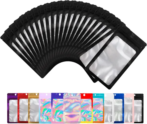 Miniatura 10 de Paquete de 100 bolsas de Mylar con ventana transparente, bolsas de almacenamiento de alimentos, a prueba de olores, embalaje de mano resistente a