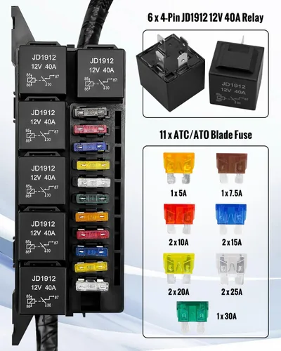 Miniatura 2 de Caja de relé de fusibles impermeable precableada, 6 ranuras de relé JD1912 y 11 portafusibles de cuchilla ATC/ATO, con 6 relés de 4 pines 40A y 11