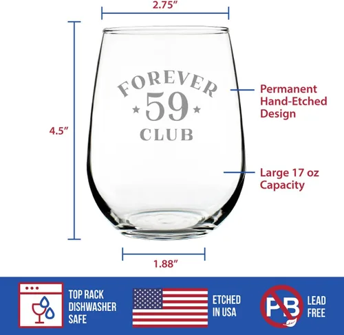 Miniatura 5 de Bevvee Forever 59 Club - Copa de vino sin tallo, regalos de 60 cumpleaños para mujeres y hombres que cumplen 60 años, decoración de fiesta