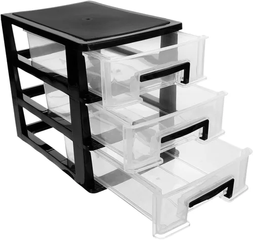 Tofficu Caja de almacenamiento de cajones de tres capas de 8.30 x 5.98 x 7.55 pulgadas, organizador de plástico portátil para escritorio de oficina