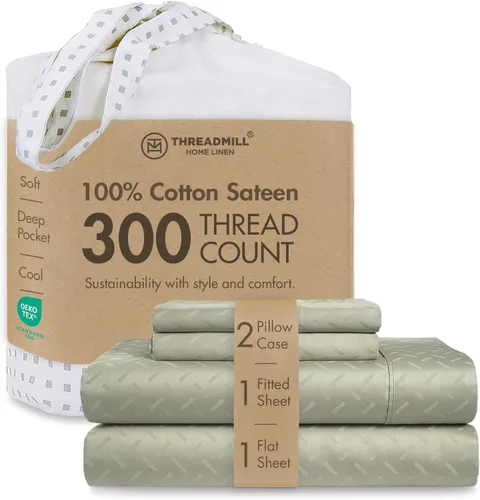 Miniatura 56 de Threadmill Sábanas 100% Algodón para Cama Tamaño King Juego de Sábanas de 4 Piezas para Cama King Suave, Transpirable y Ligero Satén de Damasco
