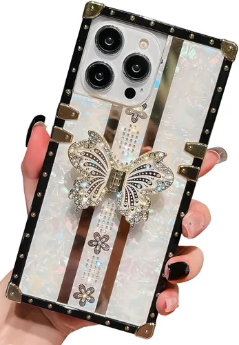Miniatura 27 de Bonita funda compatible con Samsung Galaxy S22 Ultra, soporte plegable de lujo con diseño de mariposa brillante para mujeres y niñas, funda Blanco