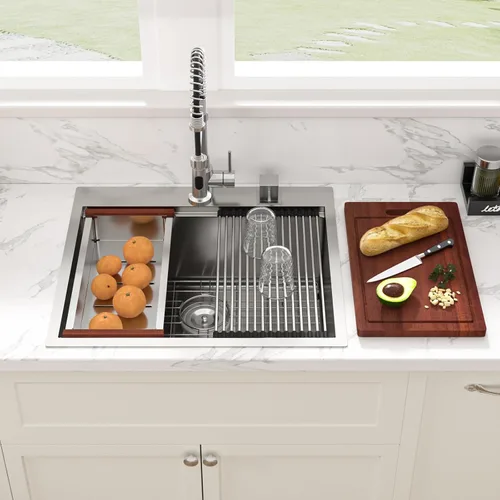 Sarlai - Fregadero de cocina de 25 pulgadas, estación de trabajo con caída, de 25 x 22 pulgadas, de montaje superior, estante de acero inoxidable