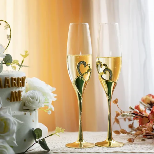 Miniatura 4 de Copas de champán para boda, copas de flauta para novia y novio, creativas copas de vidrio de lujo con borde de diamantes de imitación decoración