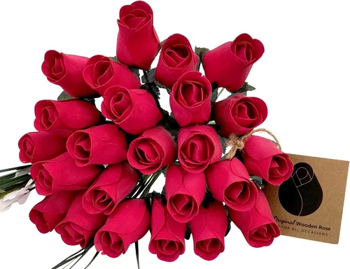 Miniatura 21 de Ramos originales de rosas de madera en 1, 2, o 3 docenas, Madera de abedul, Todo rojo, 1 Docena