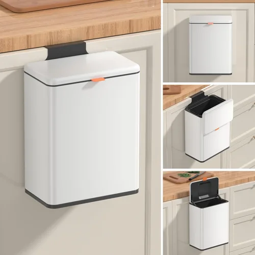 Mbillion Cubo de basura colgante de compostaje de cocina con tapa, de acero inoxidable, de 2.1 galones, para armario de cocina, cubo de basura Blanco